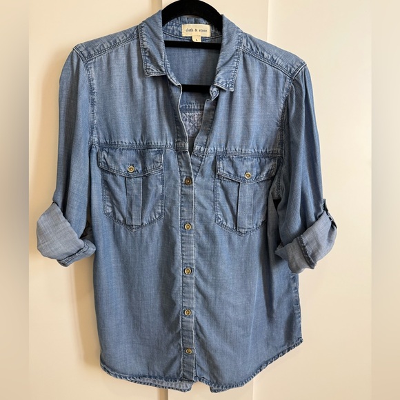 Anthropologie Cloth & Stone Top Chambray Denim Shirt Camp Blouse Laredo WesternL - Picture 3 of 7